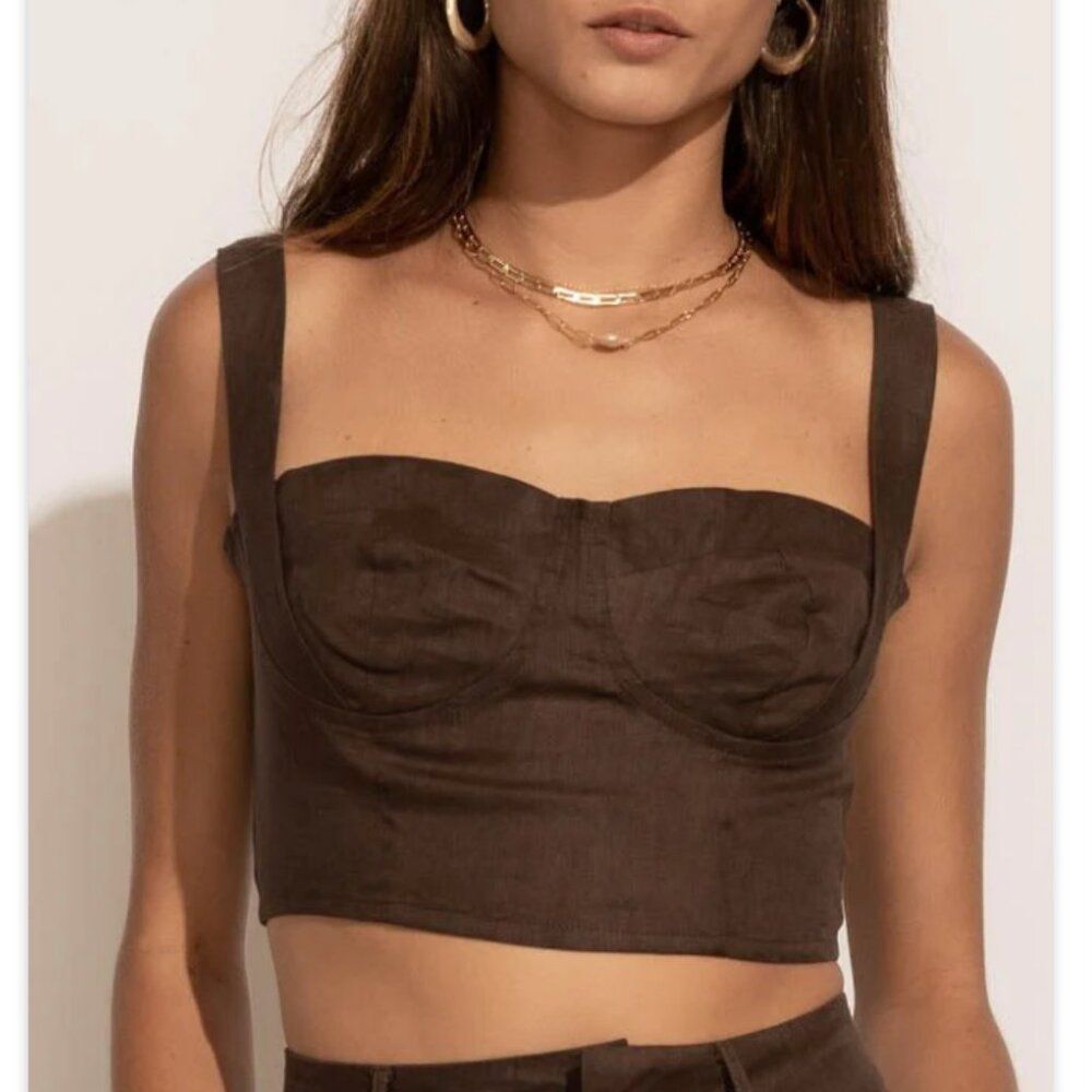 Bohme Brown Linen Adela Crop Bustier Top Size XL